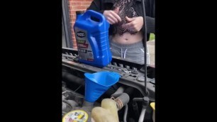 Girl Fills Oil up in her Car and Flashes Tits